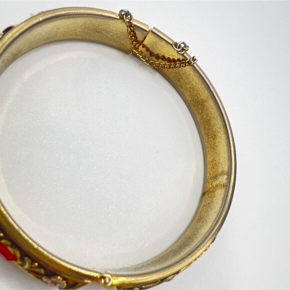 Vintage Spanish Damascene Bracelet Hinged Bangle Rhinestones Enamel Safety Chain - Picture 8 of 10